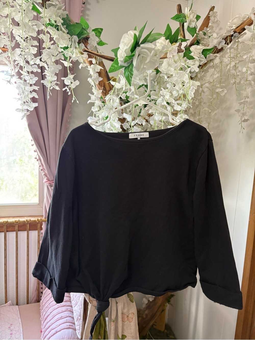Frame Denim Black Tie-Hem Crop Sweater 100% Cotton